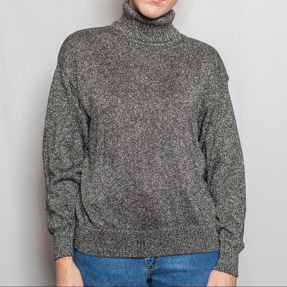 Vintage 90s Clifford and Wills Sparkly Long Sleeve Turtleneck, Black with Silver
